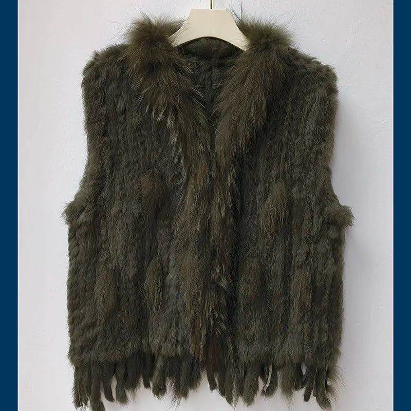 Chaleco de punto de piel de conejo natural auténtica con pompón, chaleco cálido sin mangas para mujer, con ribete de piel de mapache auténtica