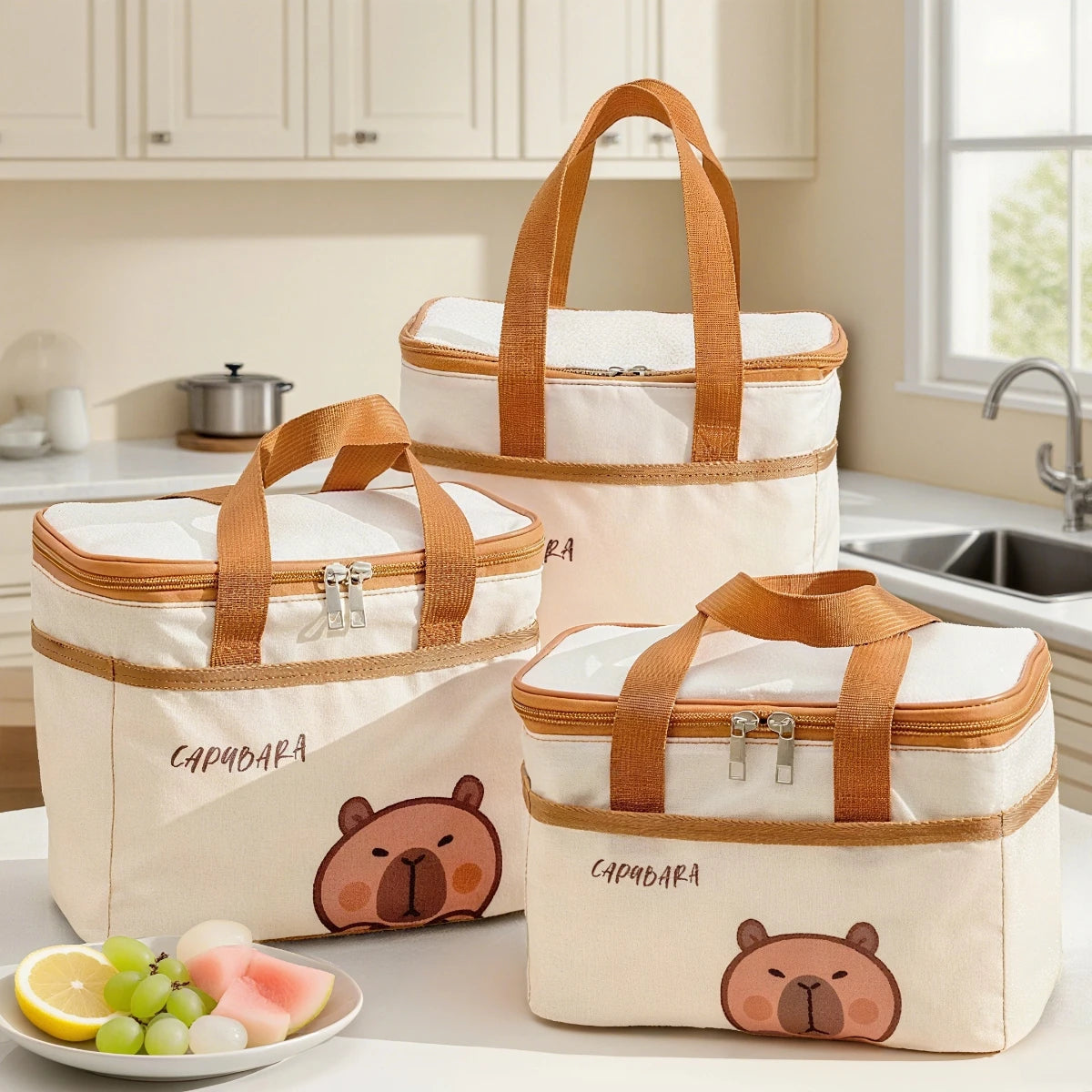 Fiambrera térmica de capibara bonito para estudiantes y niños, bolsa térmica portátil de gran capacidad a prueba de fugas para alimentos, nevera reutilizable para picnic