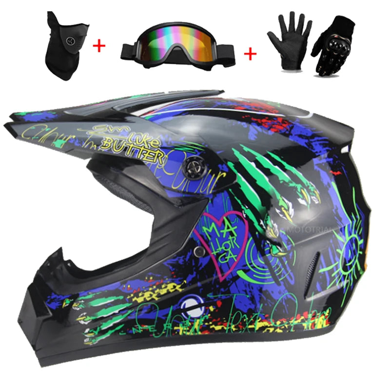 Kids Full Face Motorcycle Helmet, Youth Motocross Helmets, Off-Road Goggles, Cycling Protective Gloves