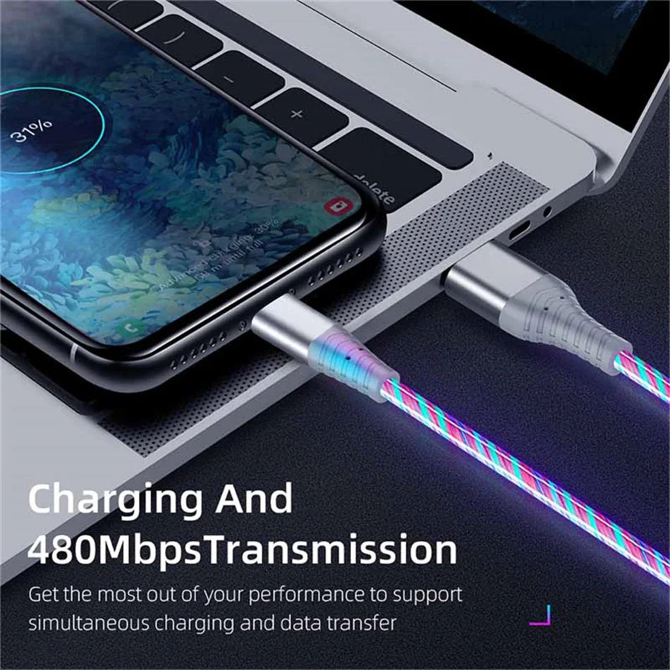 Câble USB Lumineux 7A — Charge Rapide Micro USB & Type-C LED Streamer