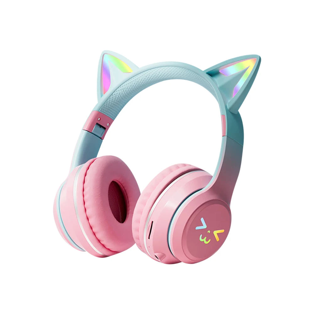 Auriculares inalámbricos degradados RGB, orejas de gato bonitas, Bluetooth, con micrófono, estéreo, para juegos de música, regalos para niñas y niños