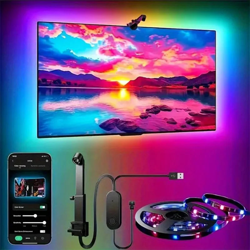 Tira de luces LED RGBIC para TV con cámara, control por aplicación, sincronización de música, luces inteligentes para sala de juegos, iluminación ambiental de 55 a 75 pulgadas