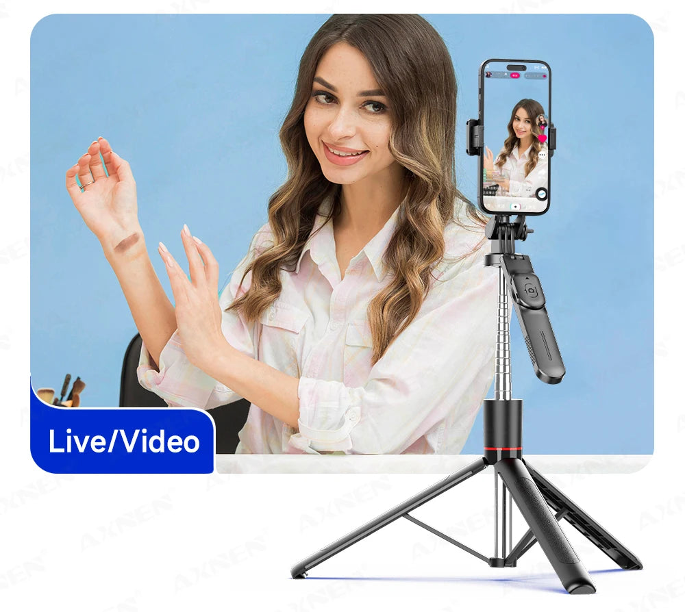 Perche à selfie trépied 1708mm avec télécommande Bluetooth — rotation 360°, interface 1/4", lumière optionnelle