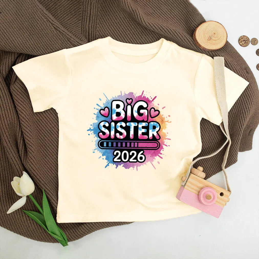 T-shirt enfant grande sœur 2026 — annonce de grossesse, rétro, manches courtes, tenue d'été