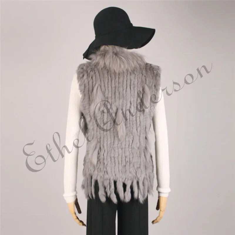 Gilet à glands en véritable fourrure de lapin tricoté — vintage, garniture fourrure raton laveur