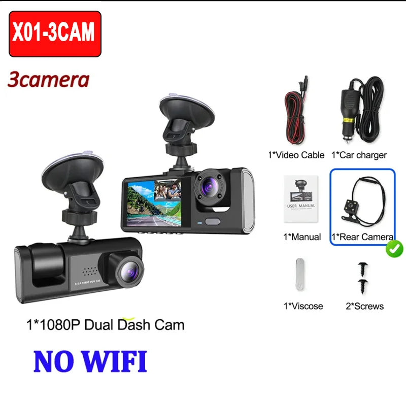 Dashcam WiFi 3/2 Objectifs 1080P — Vision Nocturne Avant Arrière Enregistreur