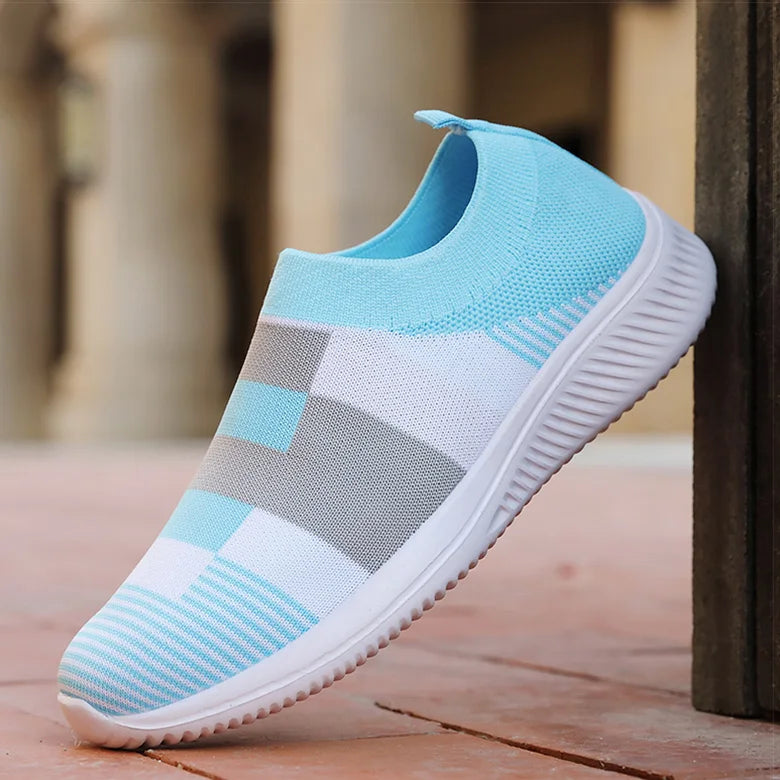 Women's Knitted Flat Sneakers with Color Mix, New Collection Vulcanized Casual Shoes