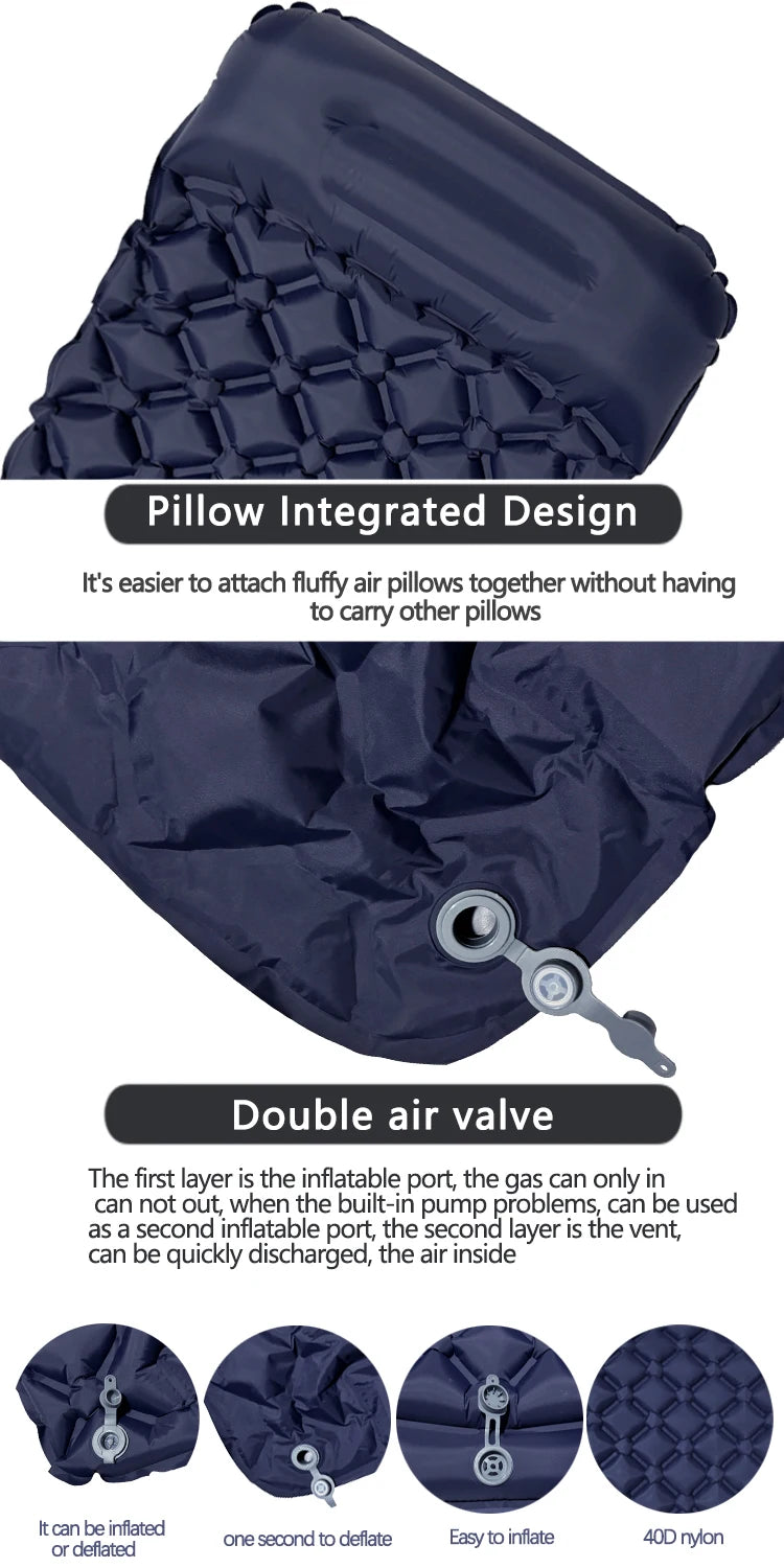 Matelas gonflable de camping en plein air, coussin de couchage avec oreillers, polymères d'air ultralégers, pompe de gonflage intégrée, randonnée