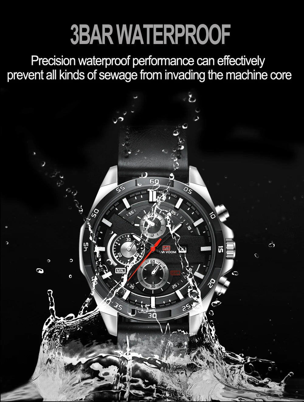 Montres de sport pour hommes, série de course de mode, 46mm, horloge en cuir noir VA VA VOOM, mouvement à Quartz 3Bar, montre-bracelet étanche pour hommes