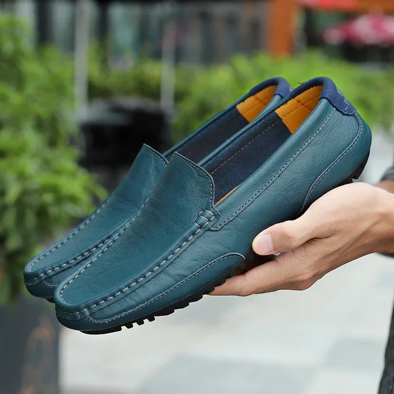 Mocasines transpirables de cuero genuino, mocasines casuales, zapatos de cuero para hombre sin cordones, zapatos planos italianos formales para conducir