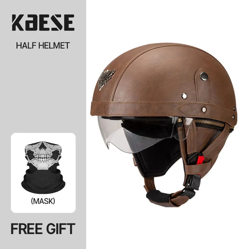 Casque Moto Demi-Visage Vintage DOT — Homme Femme Scooter Été Noir Marron