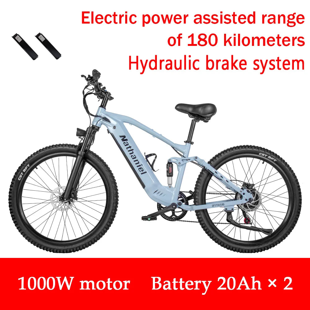 Nathaniel E-Bike, 1000W Brushless Motor, 27.5 Inch Adult Electric Mountain Bike, 45Ah Large Capacity Batteries, 7 Speed, 45KM/H, Outdoor Travel Bike