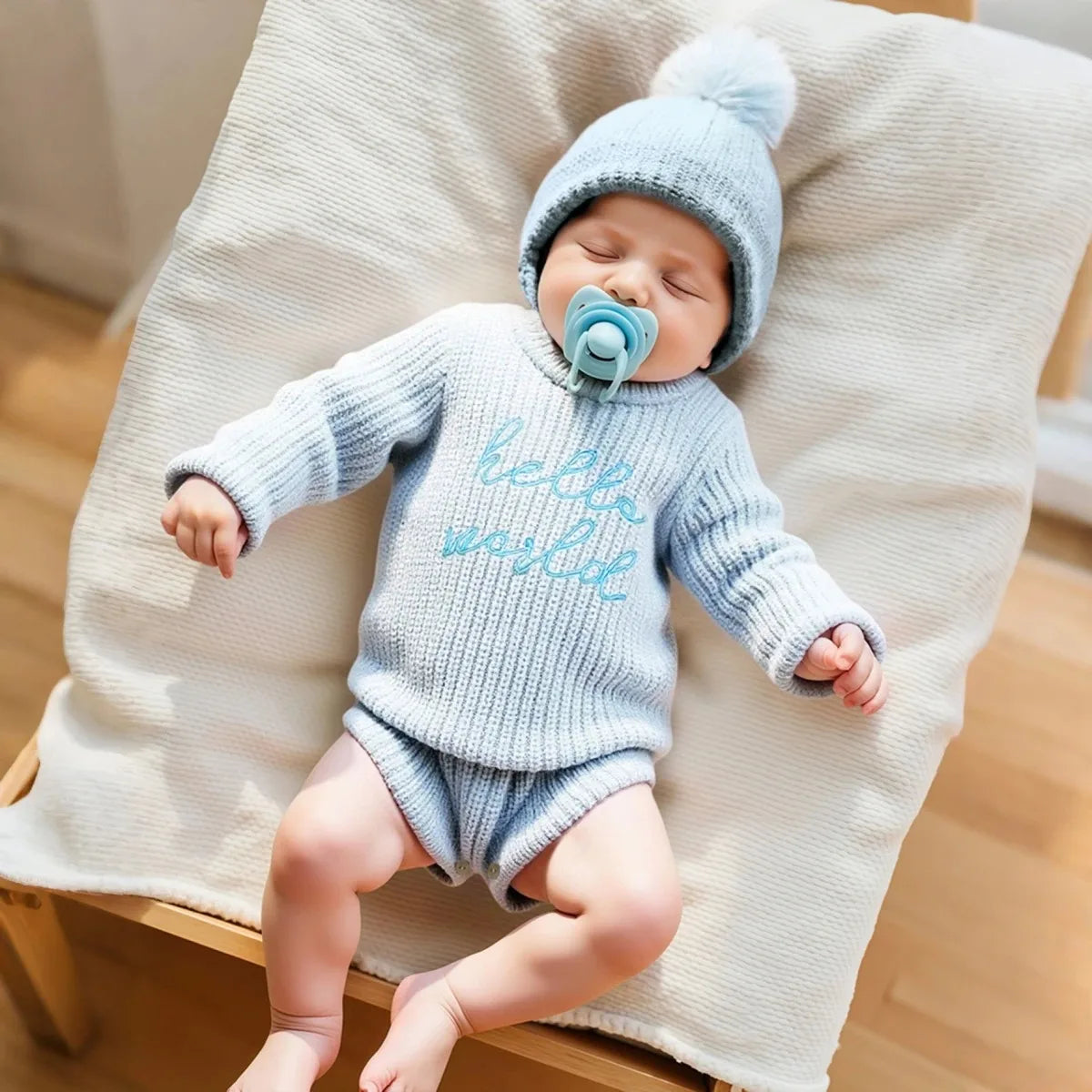 Barboteuse tricotée pour nouveau-né — chapeau à pompon, pull bébé garçon et fille, séance photo HD (v5)