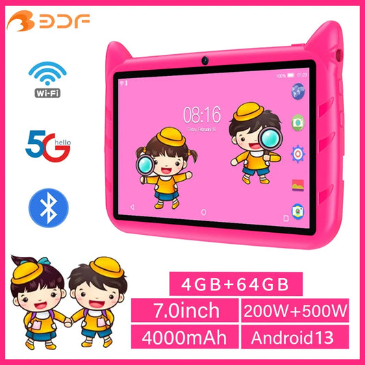 BDF-Android 13 Kids Tablet, 1TB Expandable, 4GB RAM, 64GB ROM, 5G WiFi, 4000mAh Battery, Sightseeing Camera, Kids Gift, Kids Software, 7 Inch