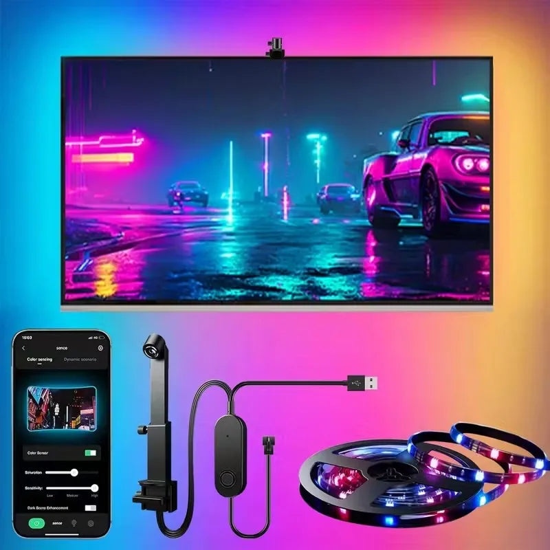Bande lumineuse LED RGBIC Ambilight pour TV 3,8M 5M 5V USB avec capteur de gamme de couleurs AR, rétroéclairage adaptatif pour TV, synchronisation RGB, contrôle par application