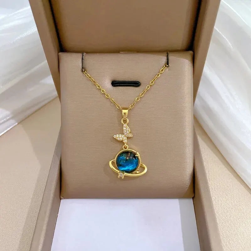Collier pendentif astronome planète lune pour femme — acier au titane, document en or, bijoux cadeau