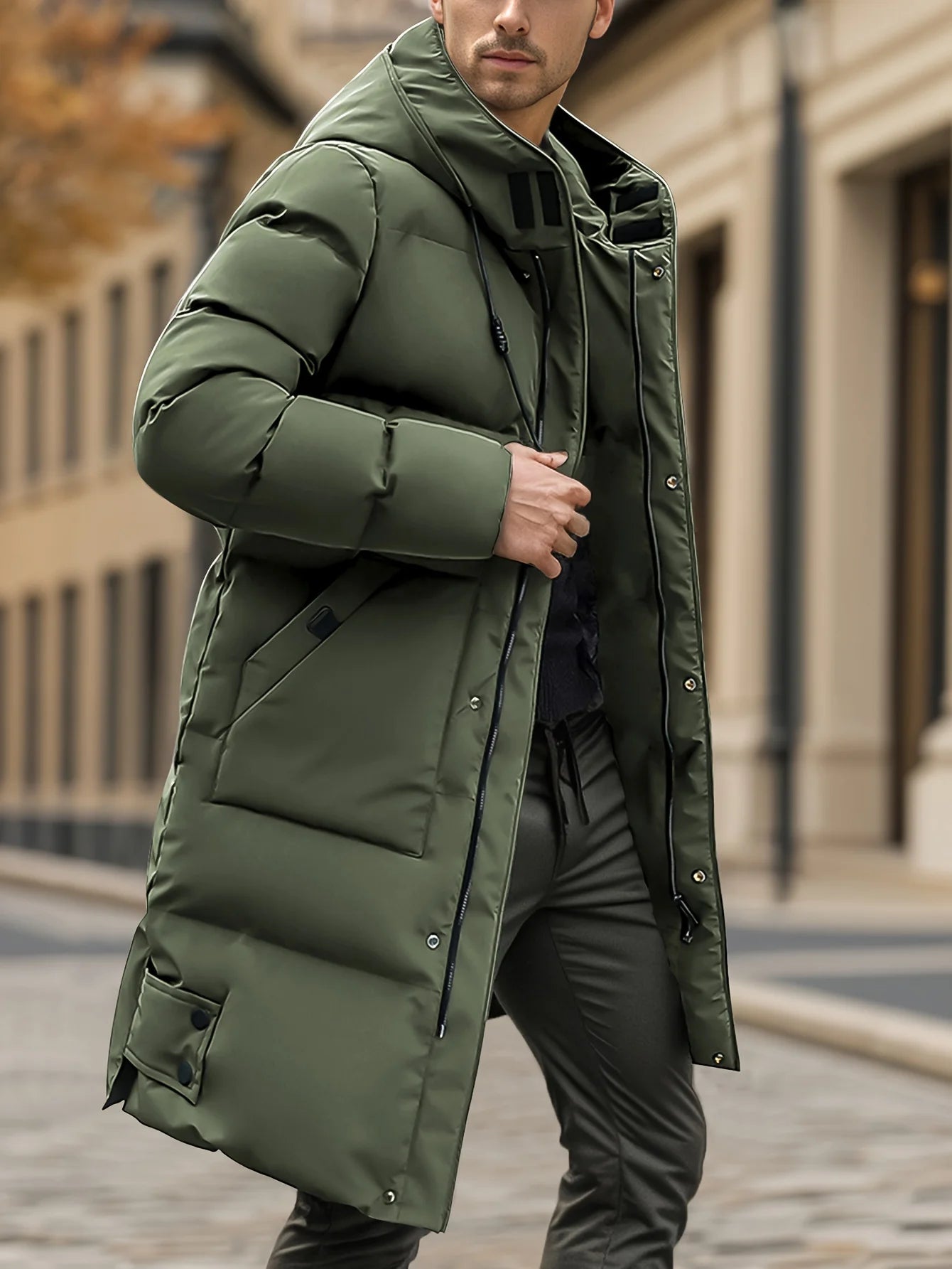 Men's Thick Winter Coat, Cold Weather Windproof Jacket with Full-Length Zipper, Long Hooded Formal, Large Front Pockets