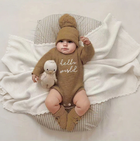 Ylsteed Hello World – pelele de punto para recién nacido, con gorro de pompón a juego, jersey para bebé niño y niña, conjuntos para sesión de fotos