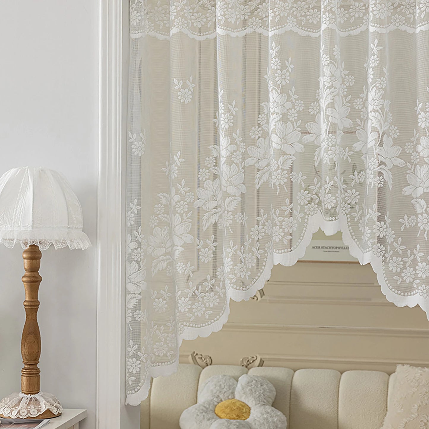 Rideau triangulaire transparent à fleurs blanches, demi-rideau pour petite fenêtre de cuisine, drapé de poche pour tringle de décoration de pays français