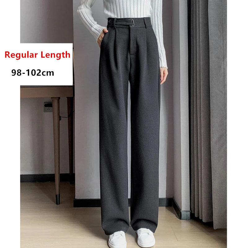 Seoul Autumn/Winter Thickened Wool Casual Loose Full Length Trousers 2025 New Button High Waist Chic Wide Leg Pants Women