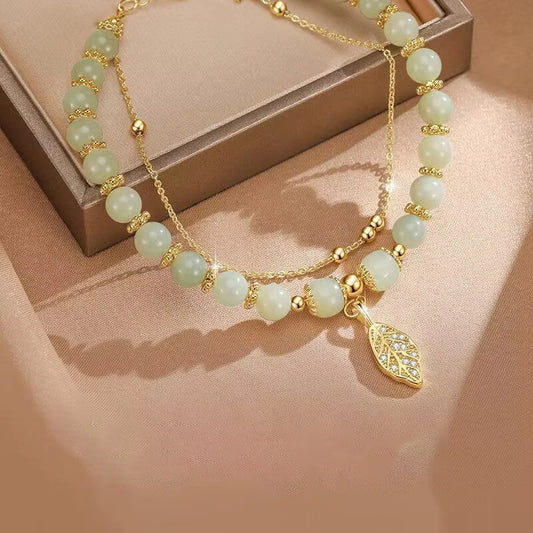 Bracelet en Jade vert de Style chinois pour femmes, couleur or exquise, feuilles, Bracelet à Double chaîne, cadeaux pour filles
