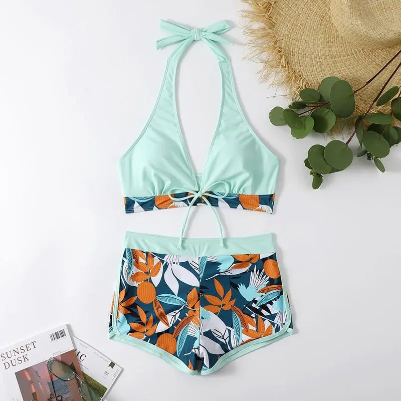 Ensemble de bikini halter 2026, maillot de bain court pour femme, maillot de bain taille haute imprimé, tenue de plage