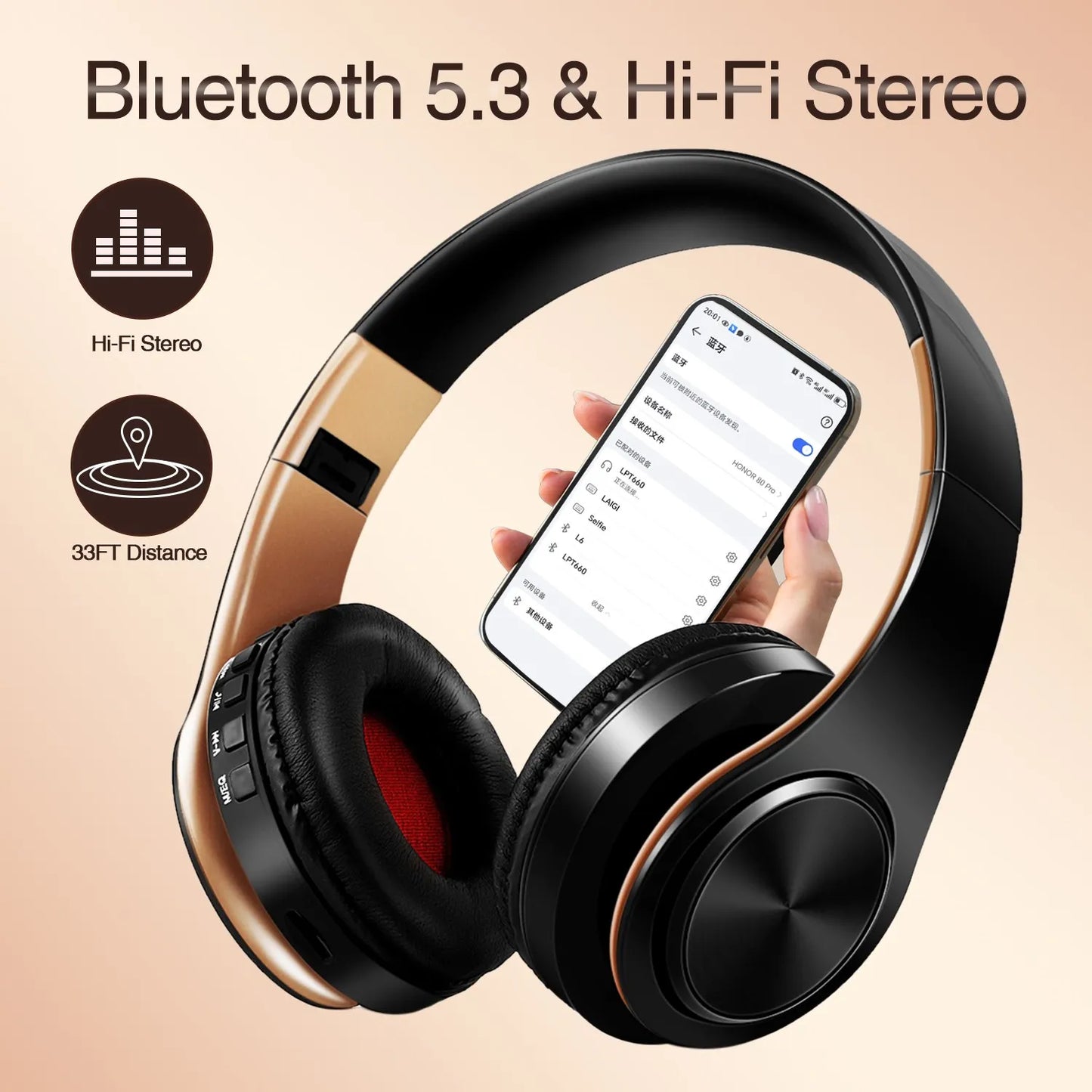 Casque sans fil Bluetooth pour hommes — cadeau doré, stéréo, jeu, micro intégré, universel smartphones