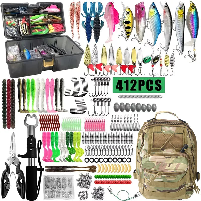 Kit de leurres de pêche pour truite/brochet/basse, ensemble de pêche multi-leurre, matériel professionnel, boîte de matériel pour truite/maquereau/basse, 411 pièces