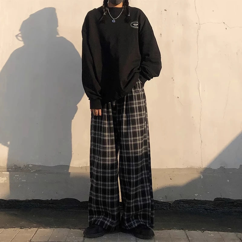 Women's Oversized Trousers Fashion Summer Black Plaid Sweatpants Casual Elastic Waist Pockets Casual Student Unisex Trousers