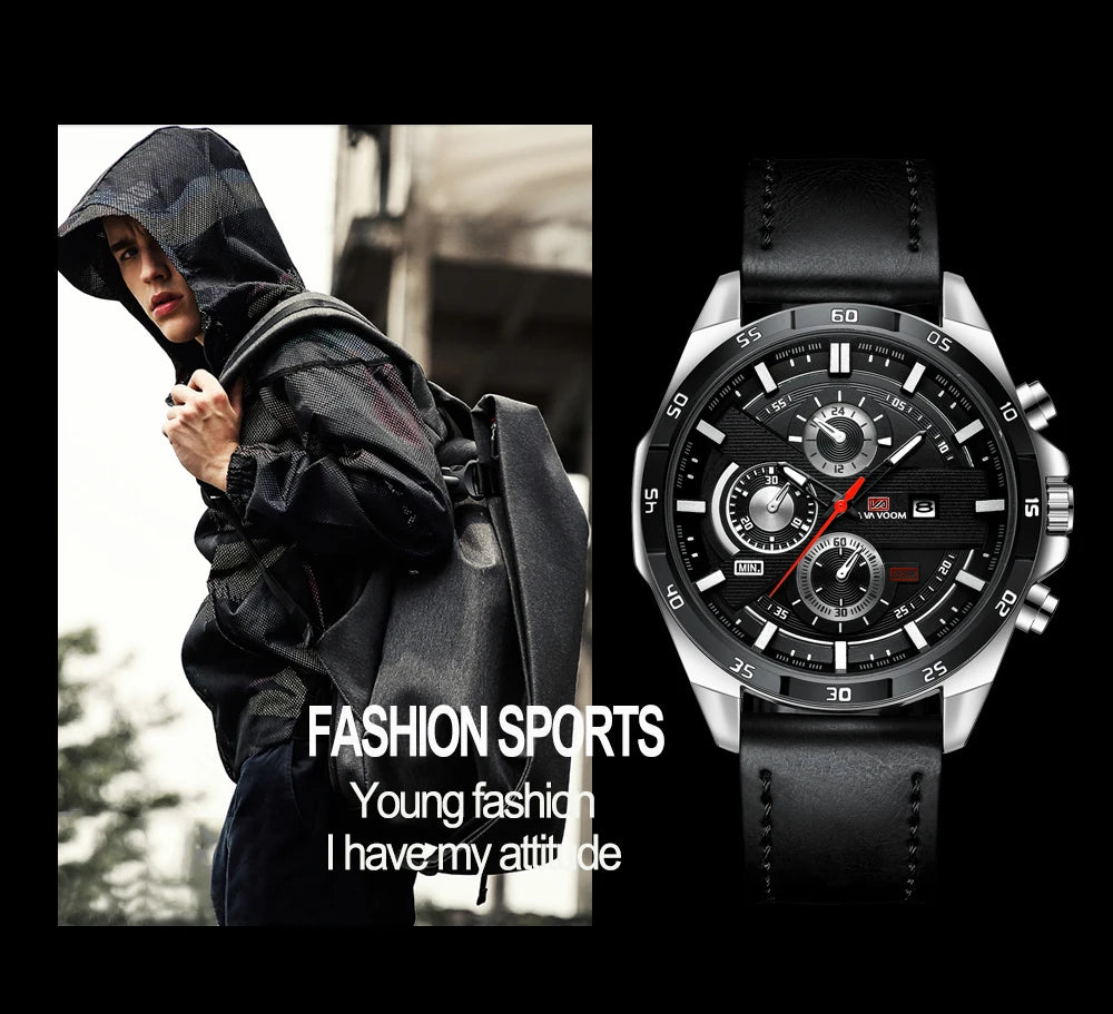 Montres de sport pour hommes, série de course de mode, 46mm, horloge en cuir noir VA VA VOOM, mouvement à Quartz 3Bar, montre-bracelet étanche pour hommes