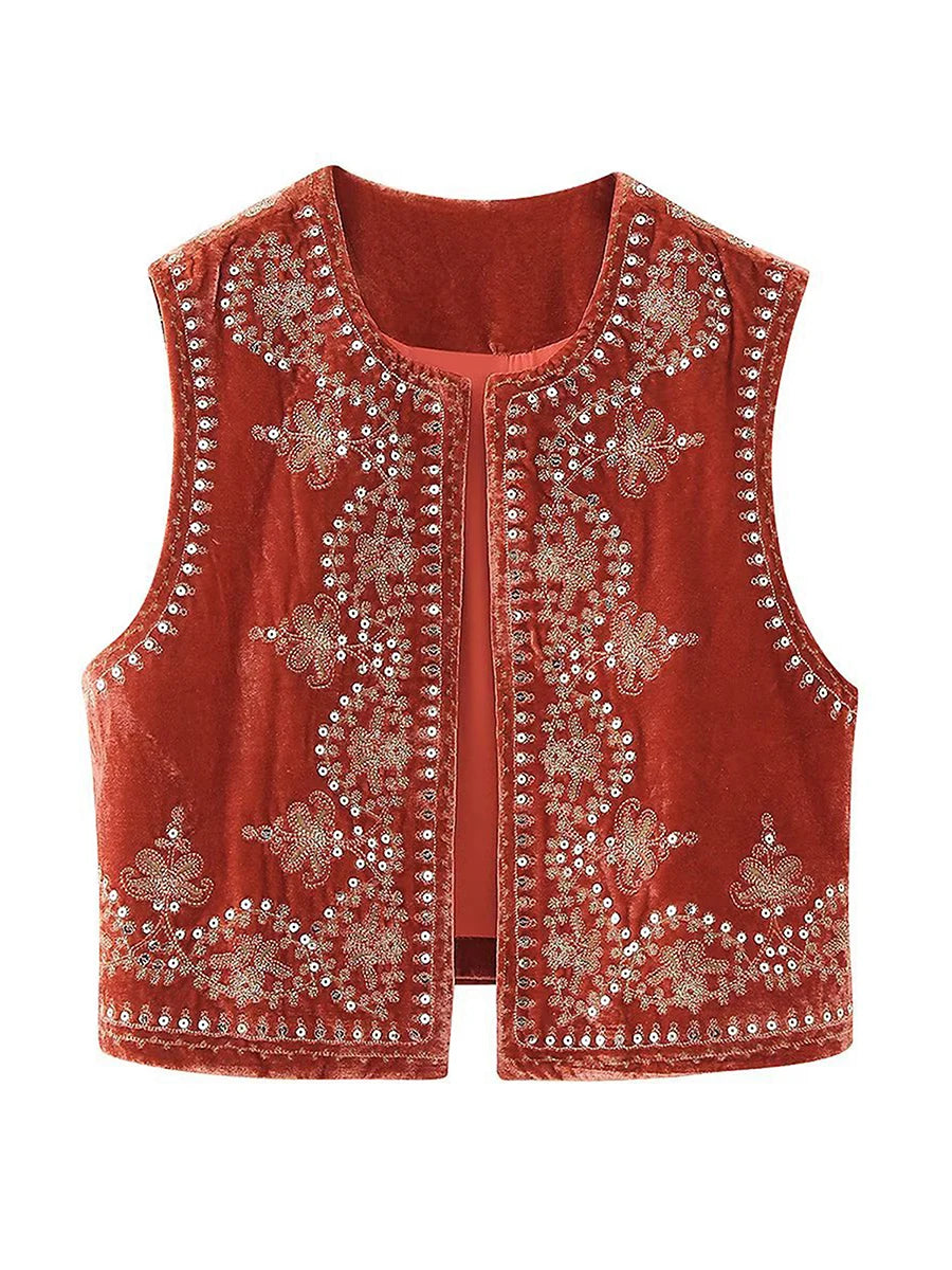 Gilet brodé noir Vintage à motif Floral pour femmes, sans manches, ouvert sur le devant, court polyvalent, vêtements d'extérieur y2k, Cardigan Boho court