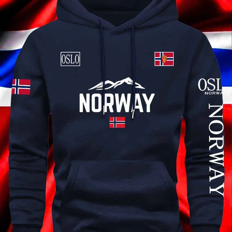 Norwegian Print Hooded Sweatshirt for Men and Women, New Autumn-Winter Collection, Daily Outdoor Vacations, Fitness, Warm Casual Sportswear