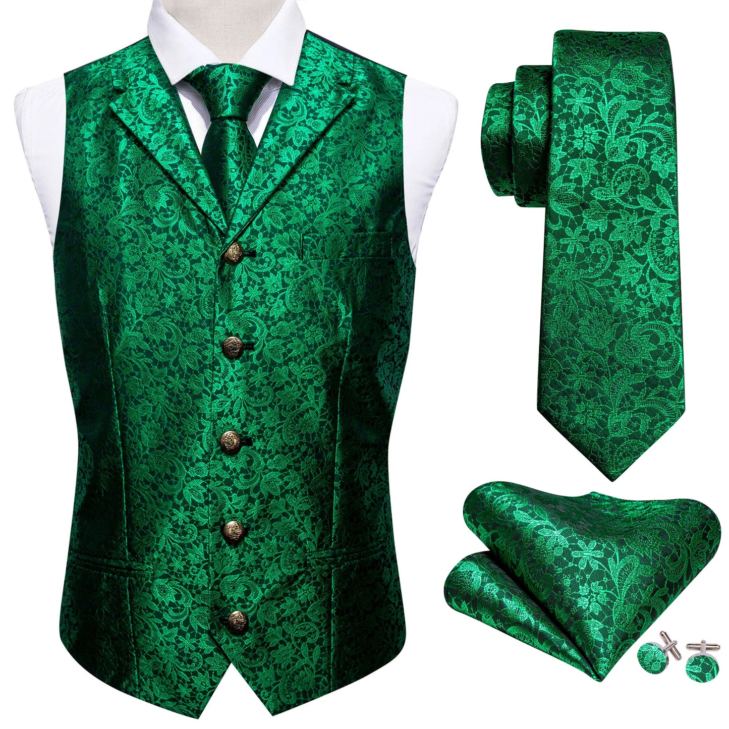 Gilet pour homme vert Paisley Floral slim — sans manches, formel, cravate, pochette assortie
