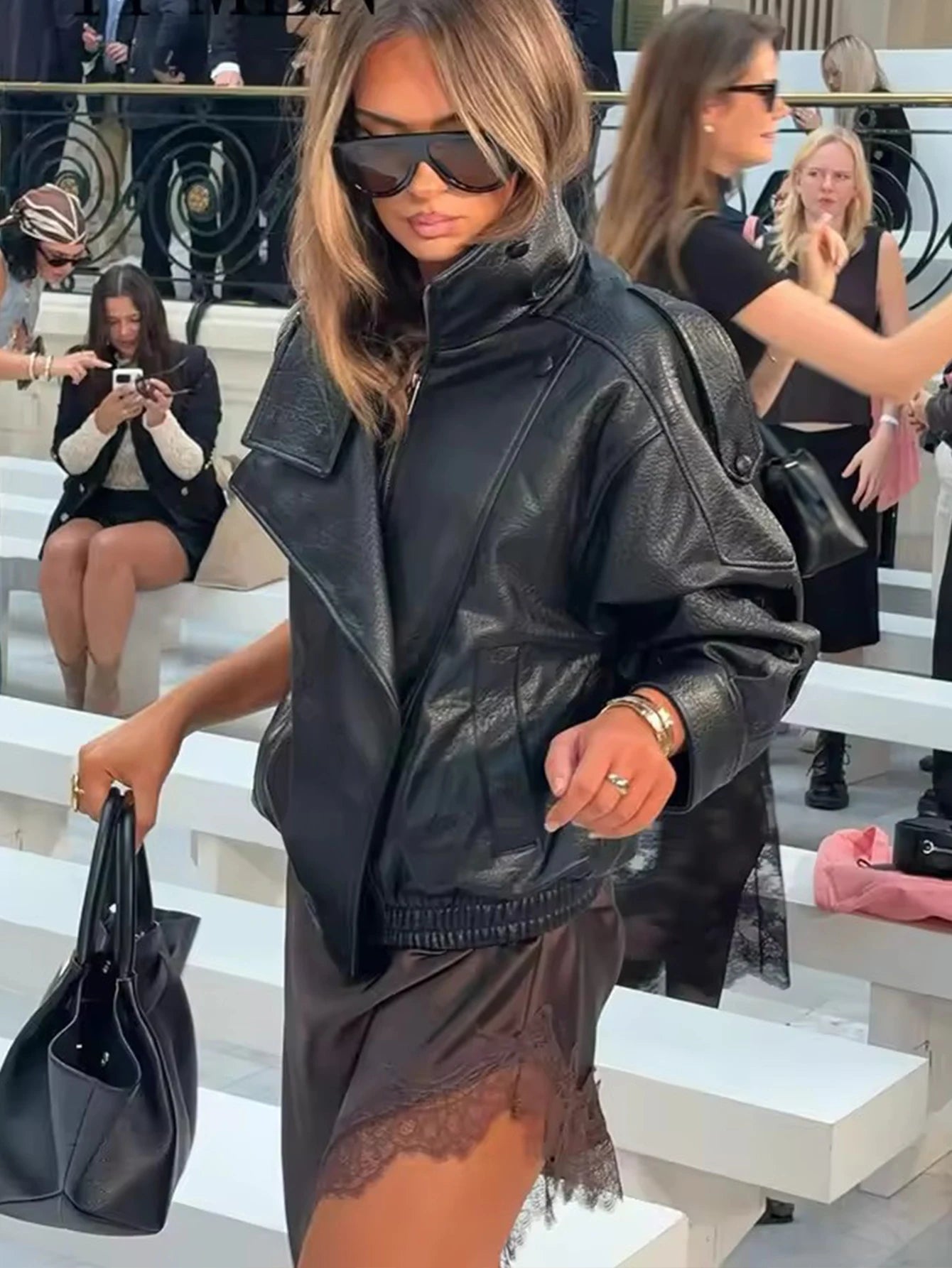 TFMLN – Women's Chic Black Faux Leather Jackets, Oversized Elastic Long Sleeve Button Coats, Autumn Winter Fashion 2025
