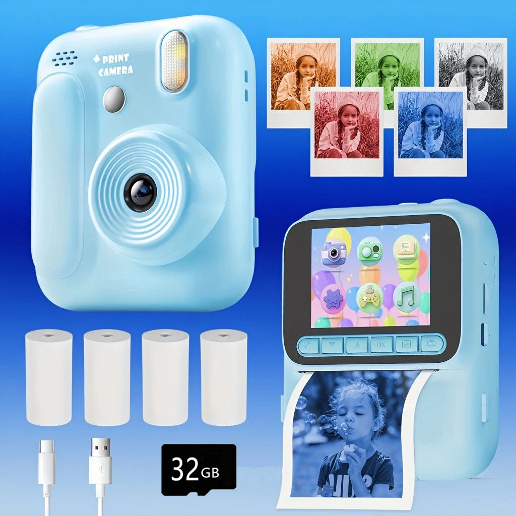 Instant Camera for Kids, Color Printing, 32GB, 1080P, Thermal Print Toy, Photo, Video Games, Music, Children's Gift