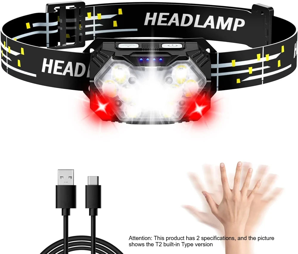 Lampe frontale à 9 LED haute luminosité, lampe frontale à détecteur de mouvement, lampe frontale portable pour la pêche et le camping en extérieur, lampe de travail