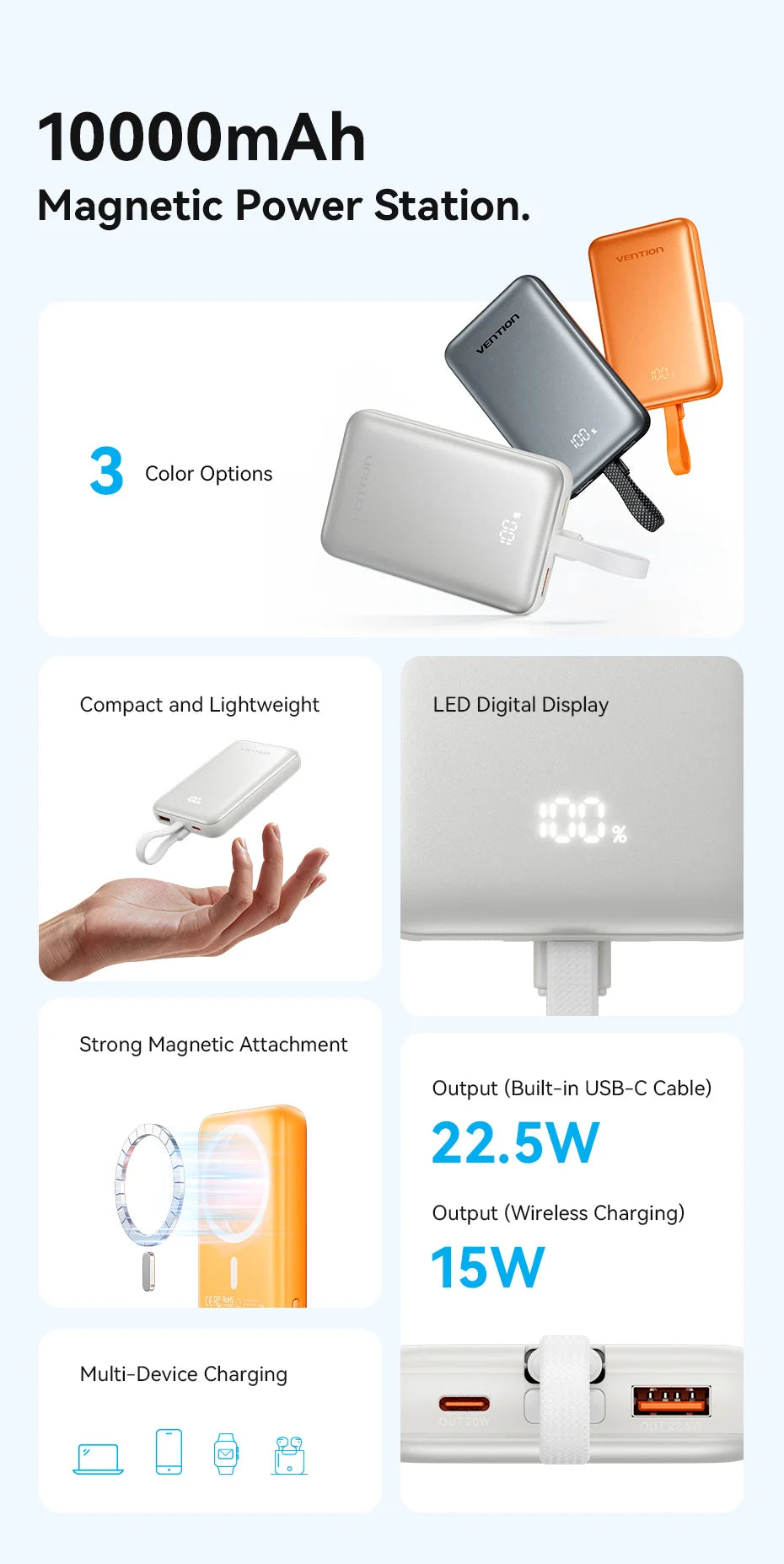 [Certification CCC] Batterie externe magnétique Vention 22,5W 10000mAh Portable 3C Powerbank Chargeur rapide sans fil 15W pour iPhone 17 16