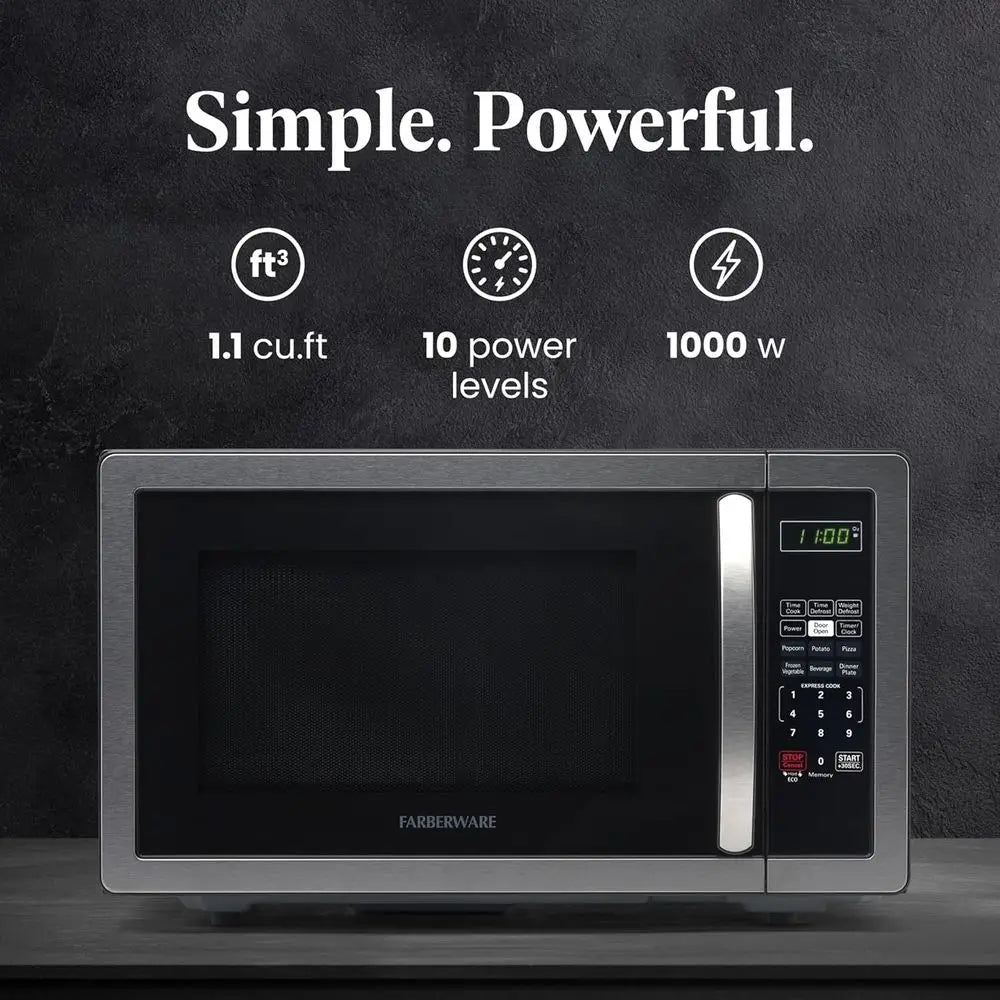 1.1 Cu. Ft. Countertop Microwave - 1000 Watts, Auto Cook, Roasting, Easy Clean, Child Safety Lock