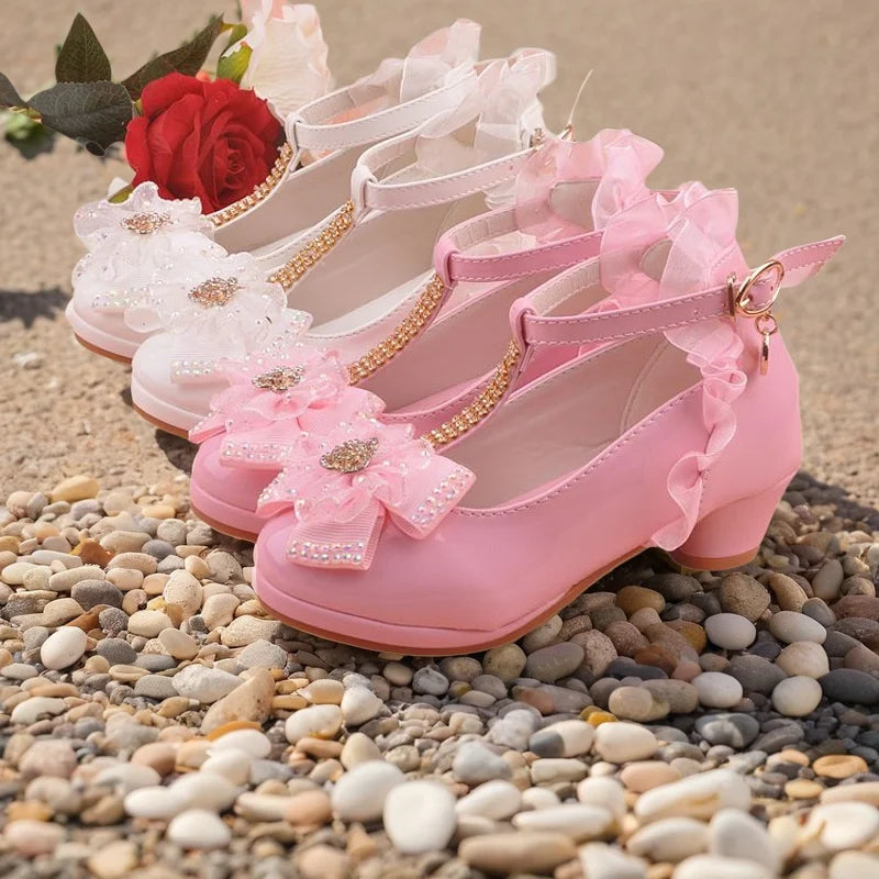 Sandales filles talon haut en cuir rose — boucle, sangle, nœud papillon, taille 26-37, chaussures enfant