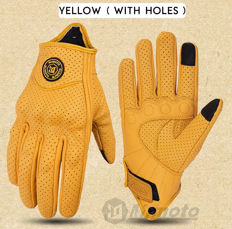 Gants de Moto Rétro en Cuir Jaune pour Homme et Femme, Accessoire Perforé et Respirant pour Course de Vélo, Écran Tactile, Motocross