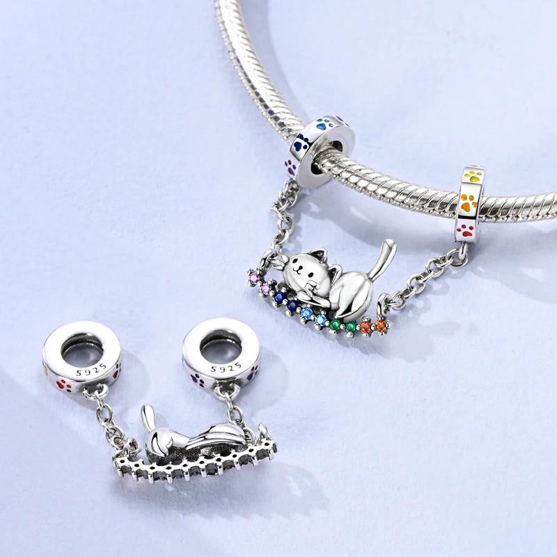Abalorios de plata de ley 925 con huellas de perro, gato, corazón, animales, abalorios que se ajustan a pulseras, collares, colgantes, joyas para mujer, para hacer tú mismo