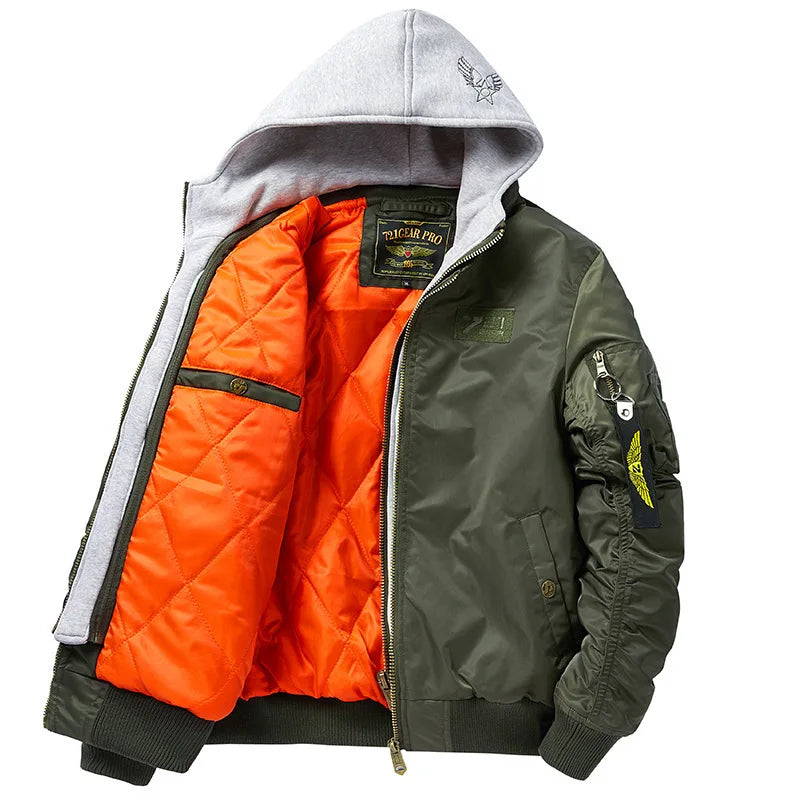 Men's Thick Hooded Bomber Jacket, Military Windbreaker, Multi-Pocket Air Force Coats, Autumn Streetwear, Baseball Jackets, Winter