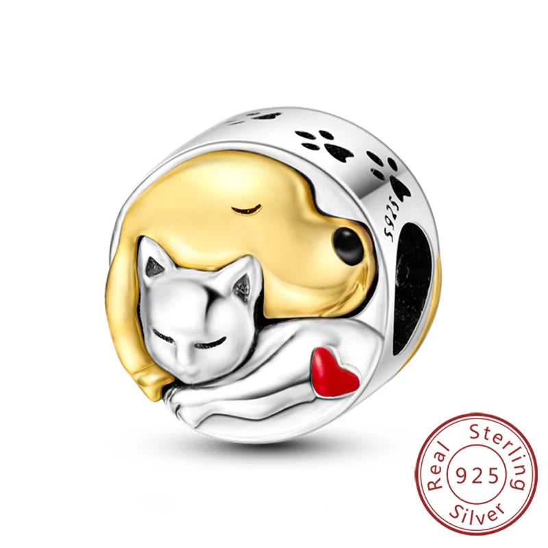 Abalorios de plata de ley 925 con huellas de perro, gato, corazón, animales, abalorios que se ajustan a pulseras, collares, colgantes, joyas para mujer, para hacer tú mismo
