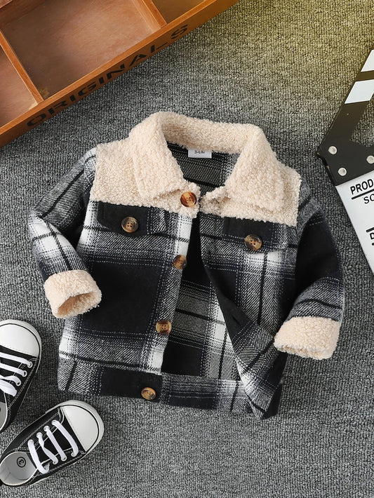 Fashionable and simple long-sleeved plaid patchwork plush jacket for baby boys, for autumn and winter