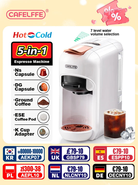 Cafelffe - 5-in-1 Coffee Machine, compatible with Dolce Gusto a.net, ESE pod, ground coffee, K-cup, 19 bar, hot/cold, gift