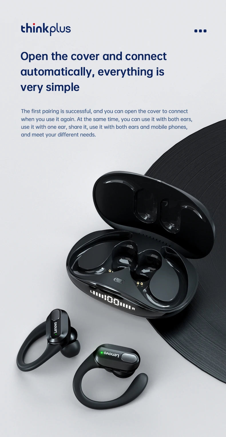 Lenovo XT80 – Auriculares deportivos inalámbricos, con micrófonos, control de botón, pantalla de alimentación LED, sonido estéreo de alta fidelidad, auriculares con traductor de IA