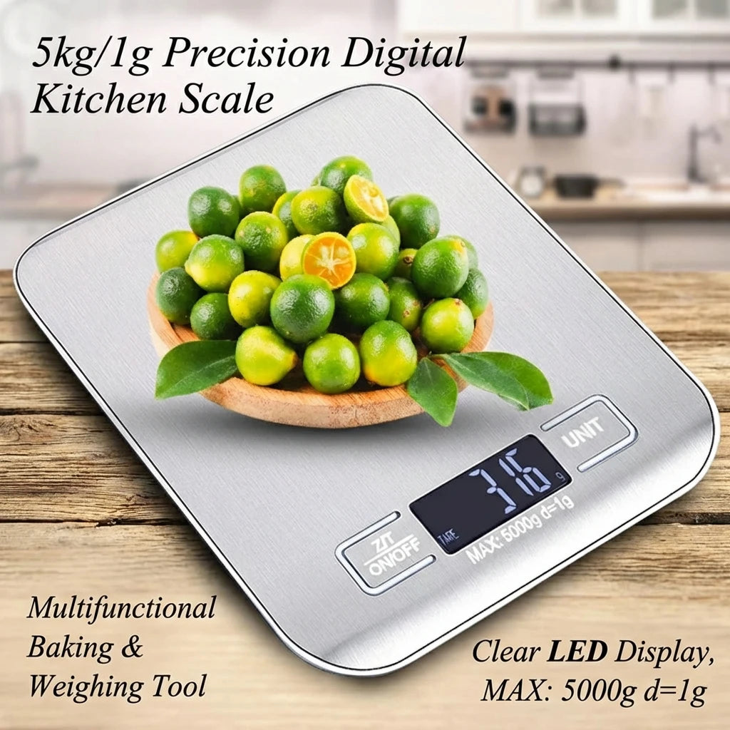Balanza de cocina digital con pantalla LED de 5 kg/1 g de acero inoxidable, báscula de alimentos electrónica para joyas, aperitivos, hornear, herramientas de cocina