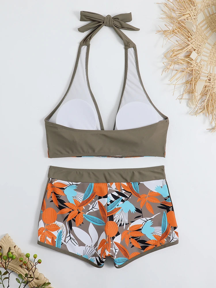 Ensemble de bikini halter 2026, maillot de bain court pour femme, maillot de bain taille haute imprimé, tenue de plage