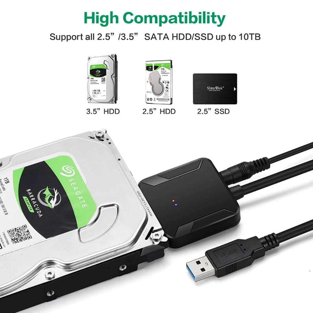 Câble adaptateur SATA vers USB 3.0 pour disque dur SSD HDD SATA III 2.5/3.5 pouces, convertisseur de disque dur, prise en charge UASP avec adaptateur d'alimentation 12V