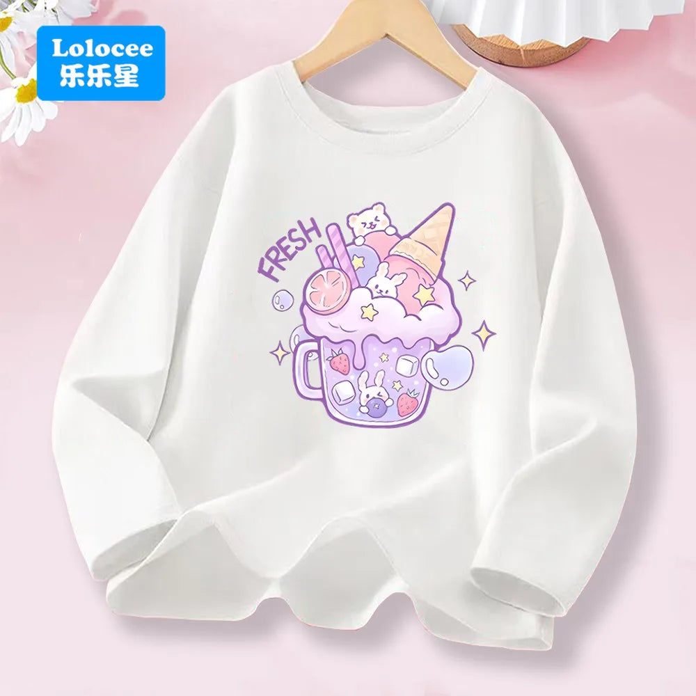 T-shirt rose à manches longues pour filles de 3 à 14 ans, haut en coton pour enfants, mignon "FRESH", imprimé boisson et Animal, nouvelle collection printemps 2026